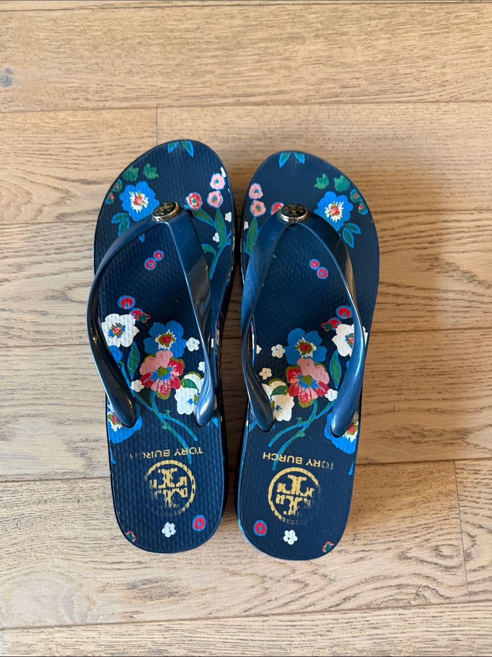 Tory Burch Navy Floral Flip Flop Sandals